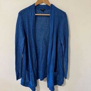 Talbots Woman Linen Rib Knit Open Cardigan Royal Blue Pockets Long Lagenlook-1X